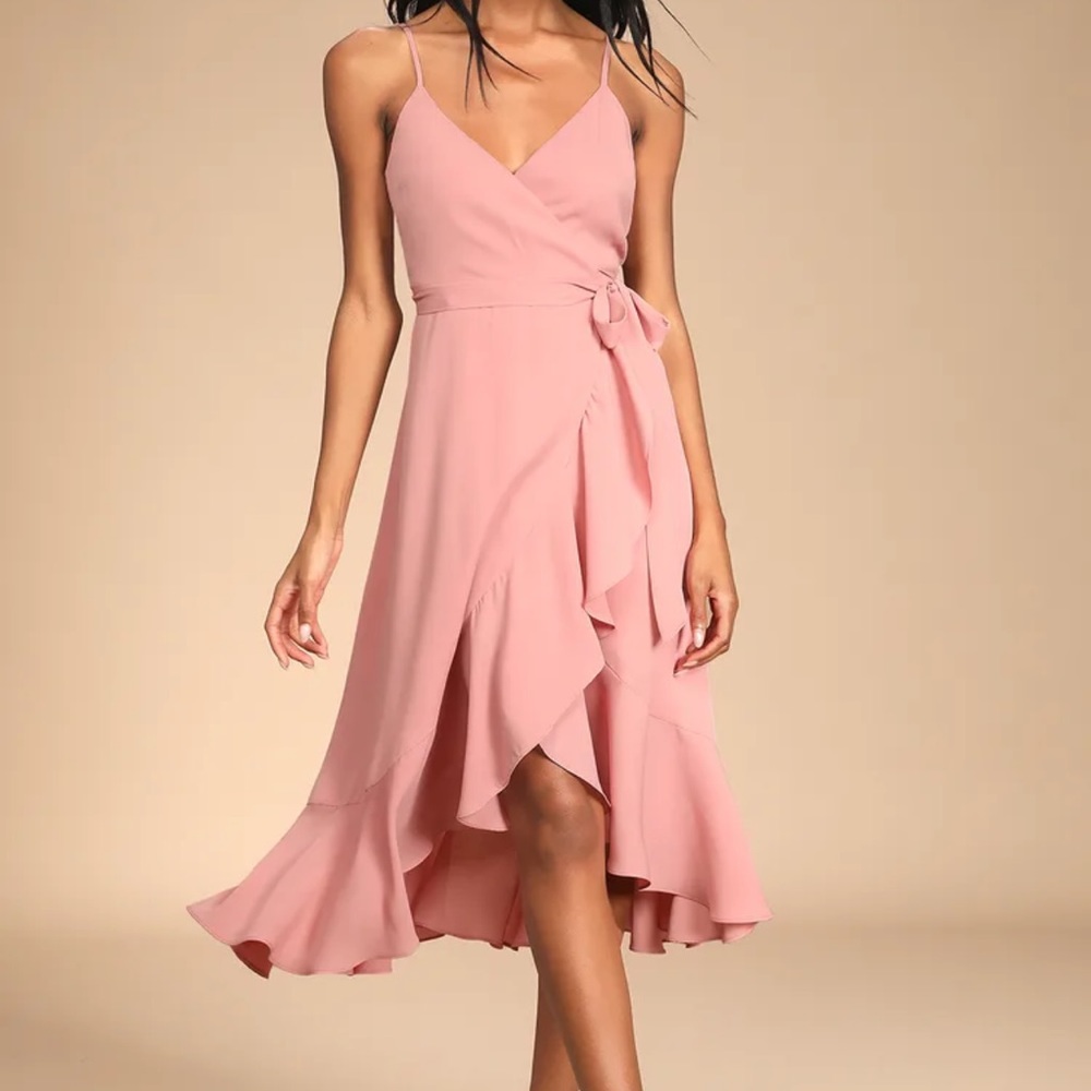 Lulus Manhattan Moment Mauve Ruffled Midi Wrap Dress